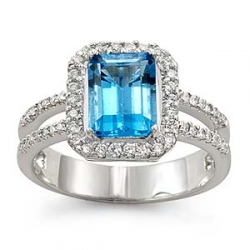 2 1/4 CT Emerald Cut Blue Topaz Diamond Ring 14K White Gold